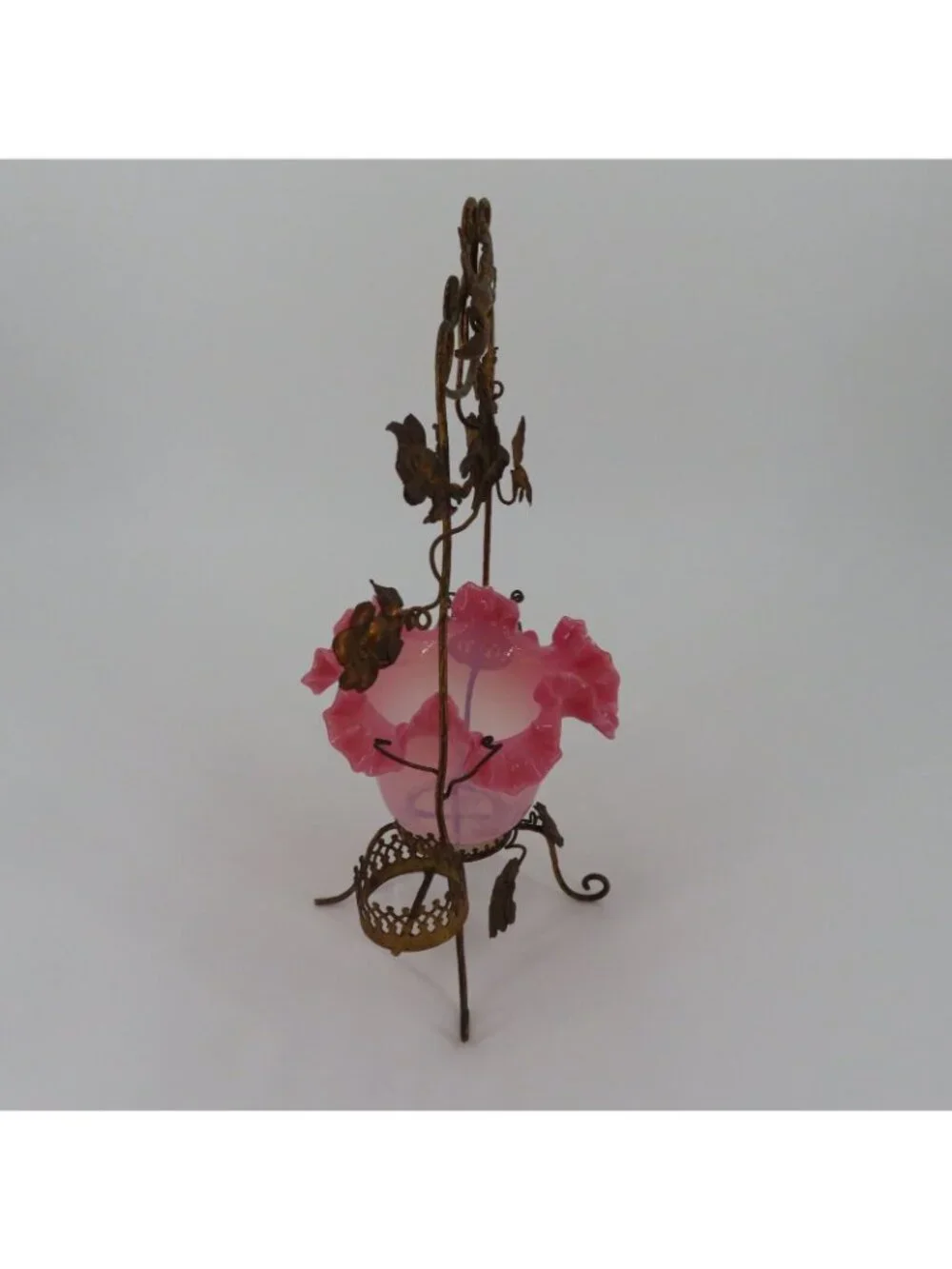 Antique French Gilt Pocket Watch Holder Vanity Pink Glass Bowl Bird Flowers